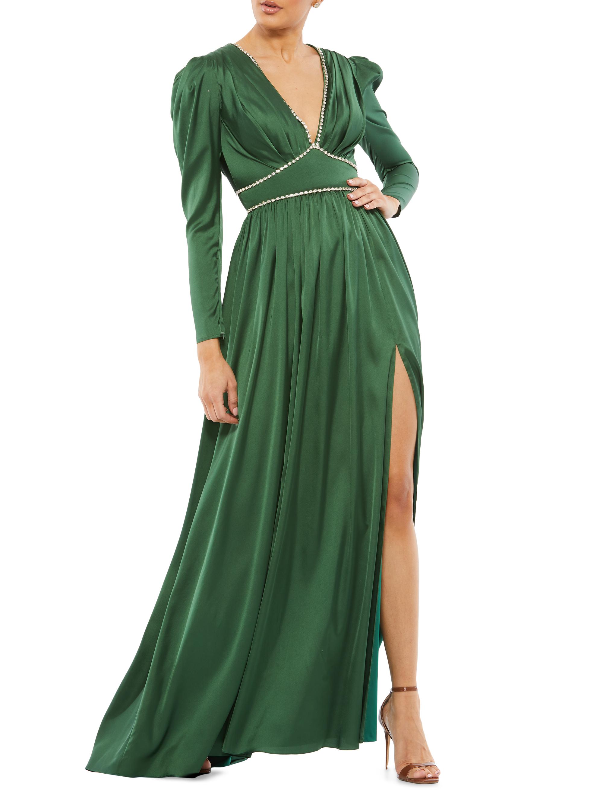 mac duggal lace up asymmetrical side slit embellished hem dress Black One Shoulder Pleated Charmeuse Gown with Slit