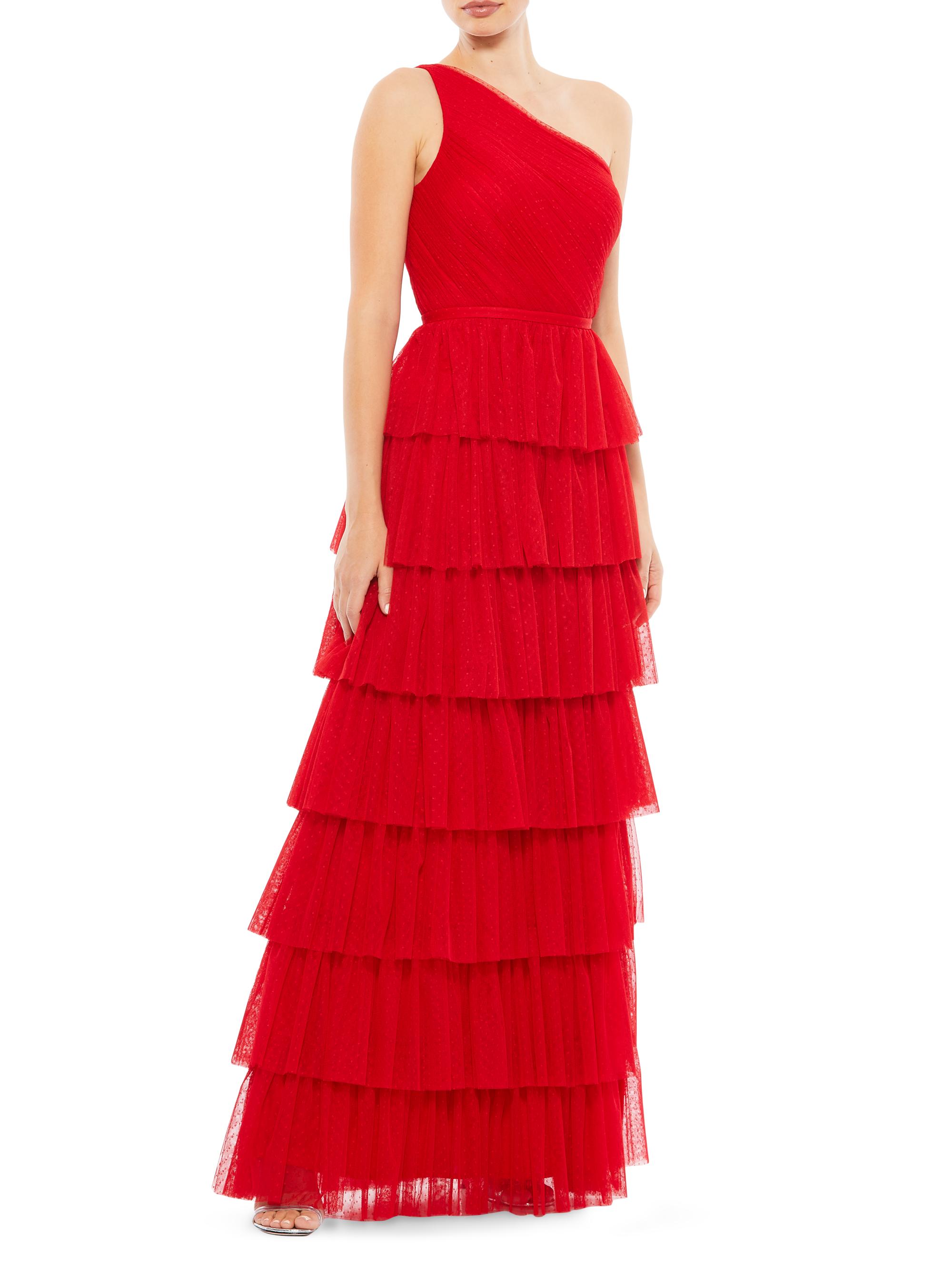 Mac Duggal Women's Ieena Asymmetric Tulle Tiered Gown - Red