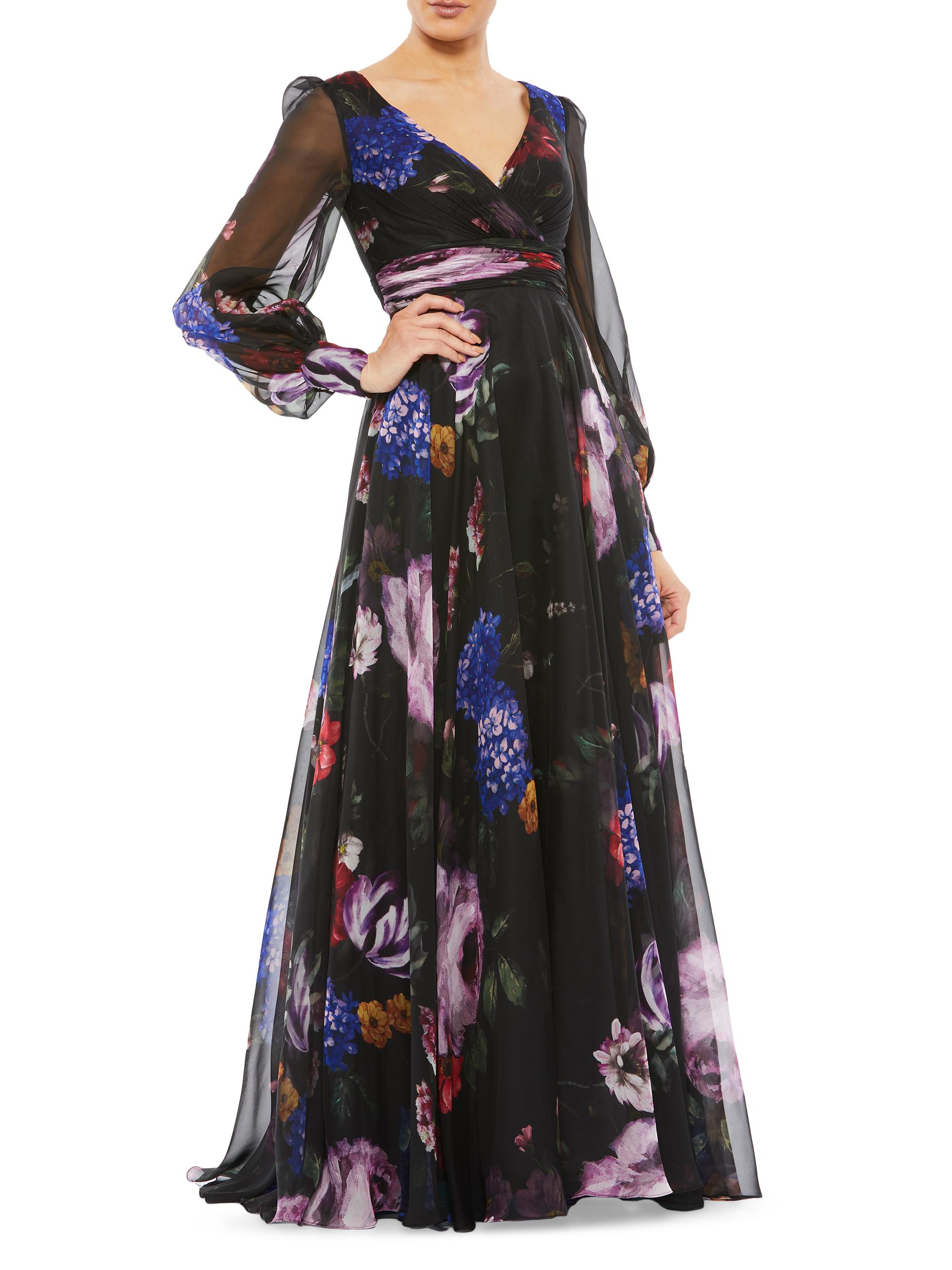 Mac Duggal Women's Long Sleeve Floral Chiffon Gown - Black Multi