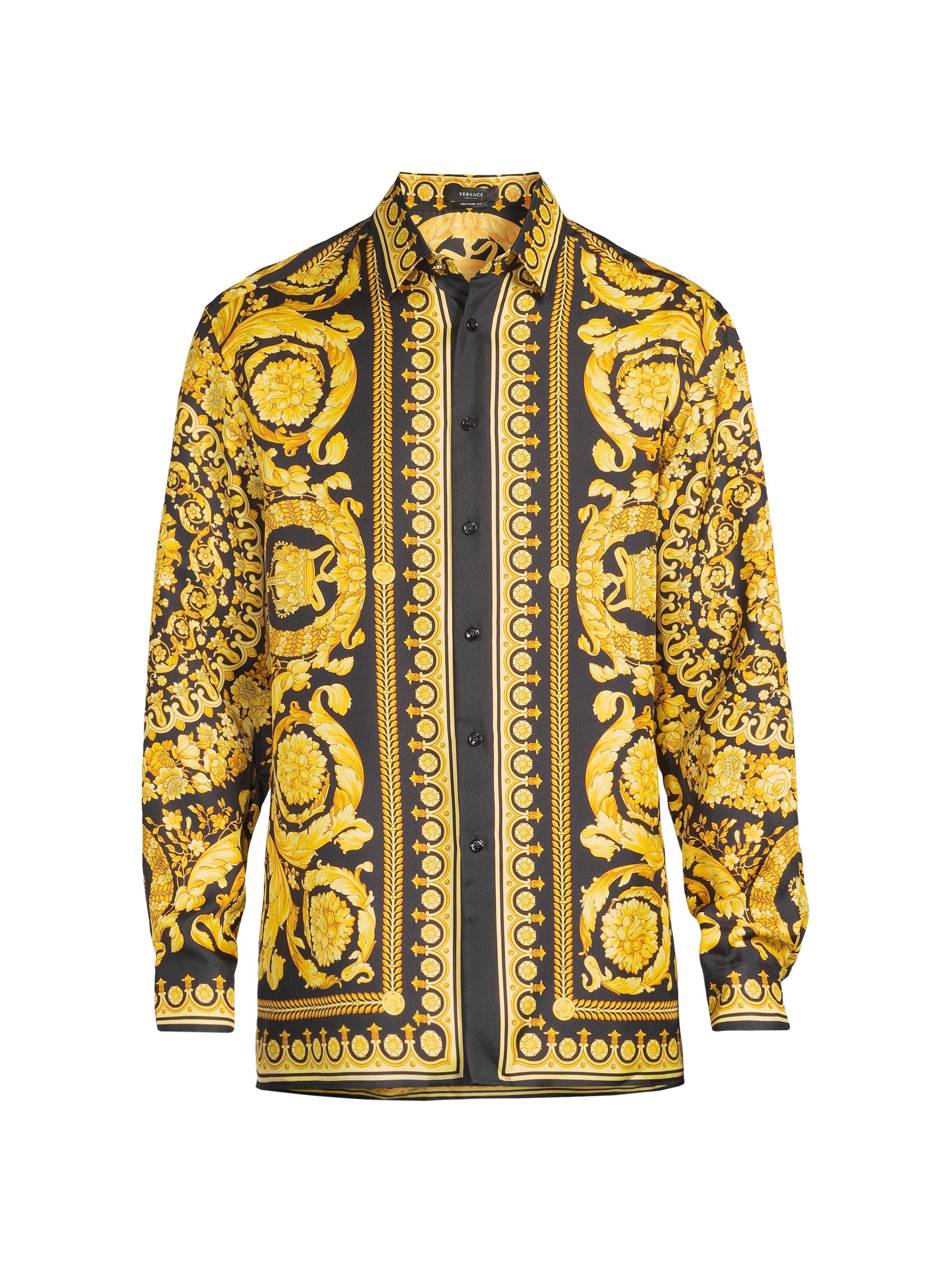 Versace Men's Printed Long-Sleeve Silk Shirt - Black Gold