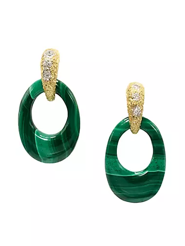 18K Yellow Gold, Diamonds & Malachite Interchangeable Stone Hoop Earrings