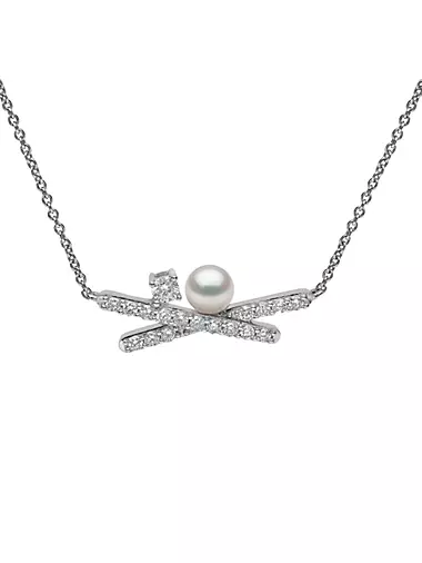 Sleek 18K White Gold, Diamond, & 4.5-5MM Cultured Akoya Pearl Crisscross Pendant Necklace