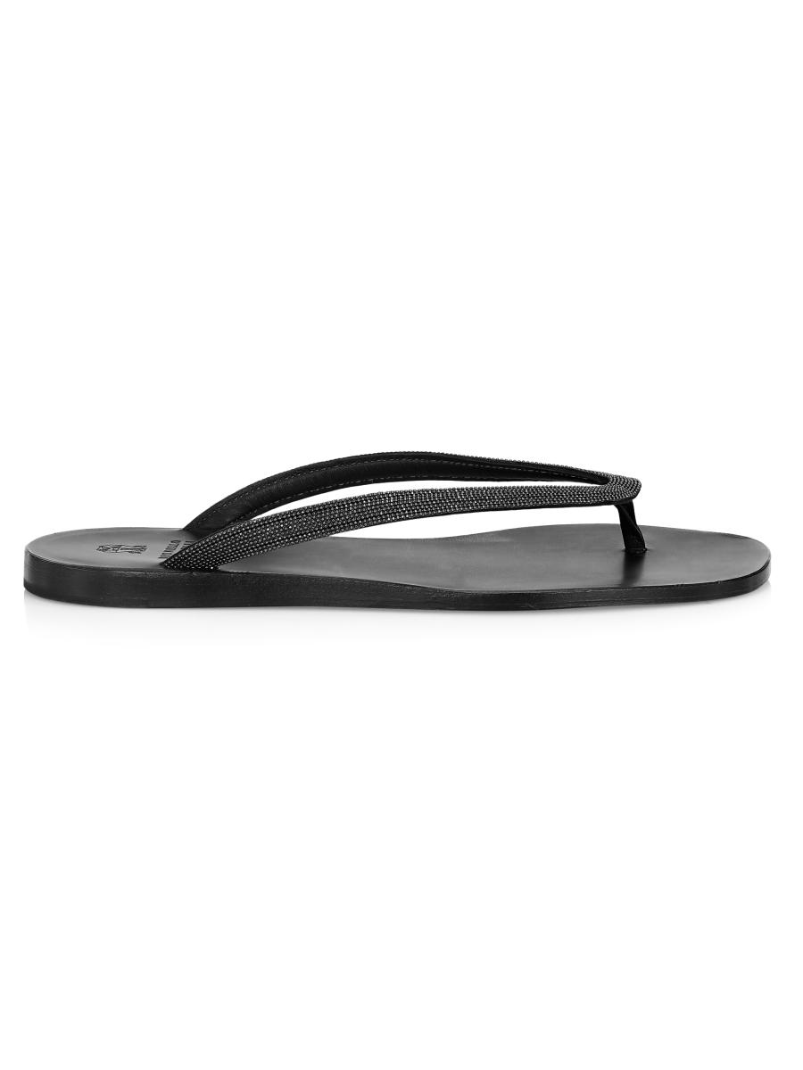 Brunello Cucinelli Bead-Embellished Leather Thong Sandals