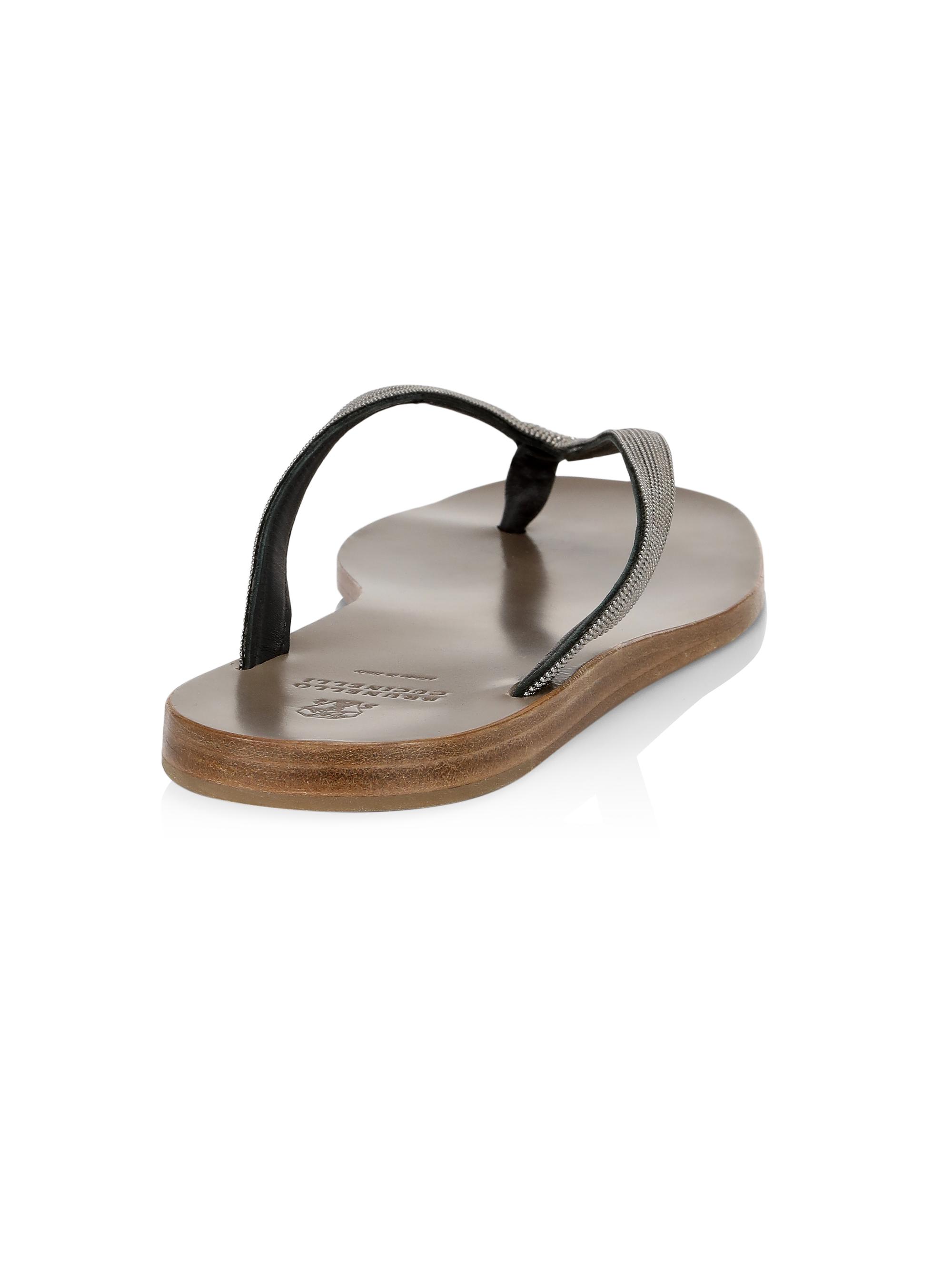 Brunello Cucinelli Bead-Embellished Leather Thong Sandals