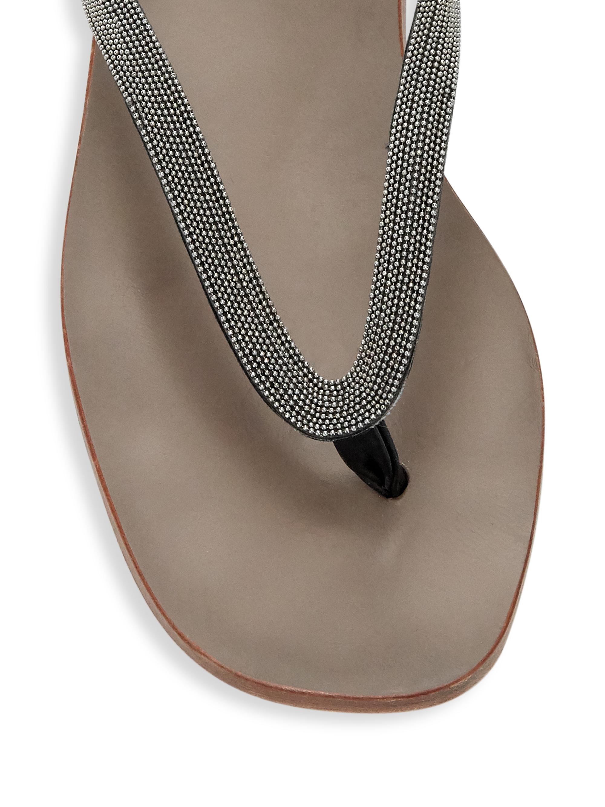 Brunello Cucinelli Bead-Embellished Leather Thong Sandals