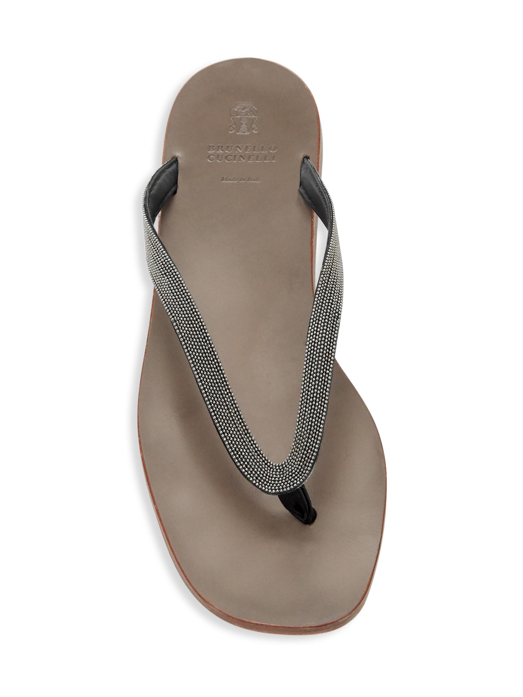 Brunello Cucinelli Bead-Embellished Leather Thong Sandals
