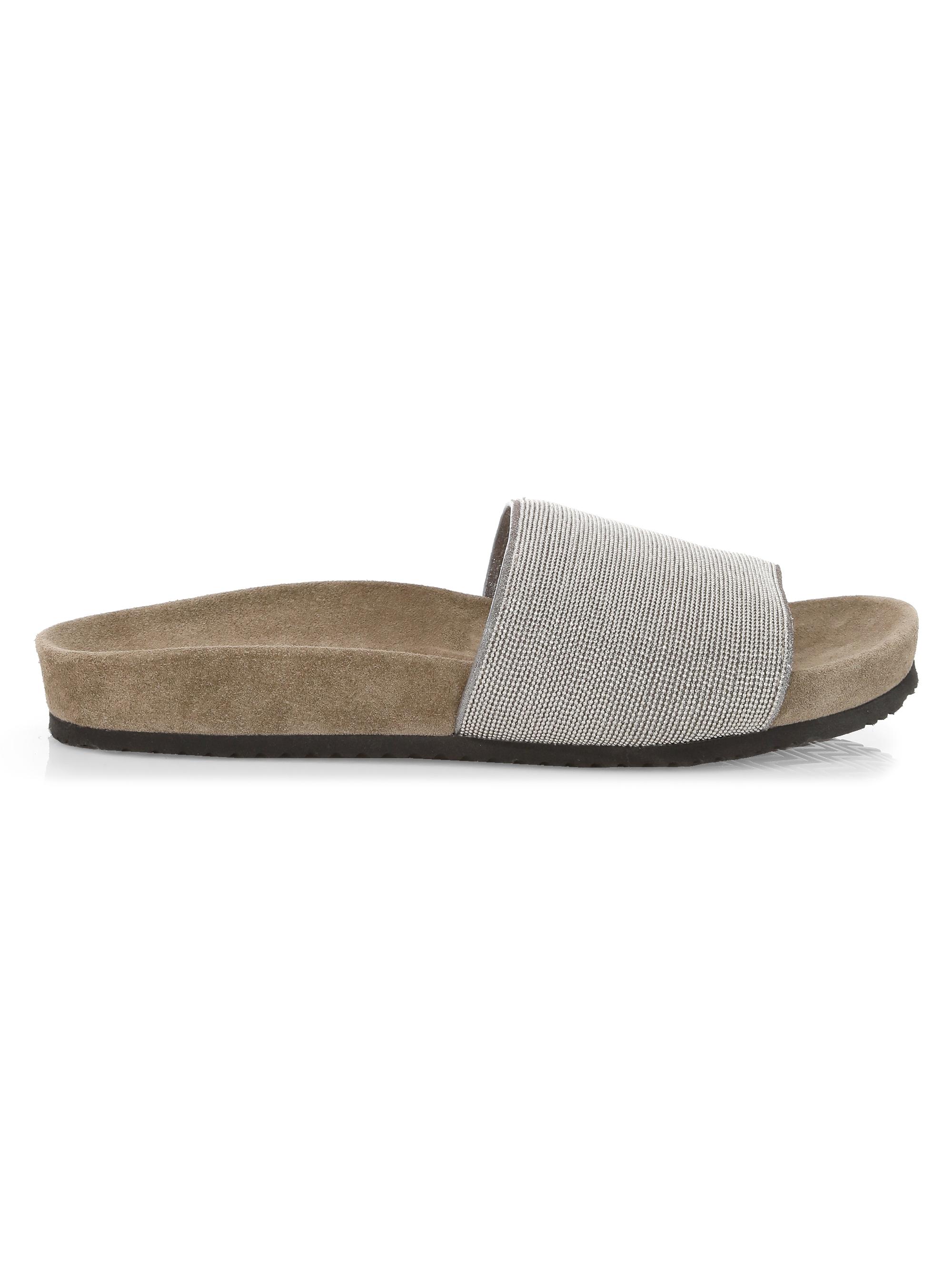 Brunello Cucinelli Women's Monili Suede Slides - Platino  Sandals
