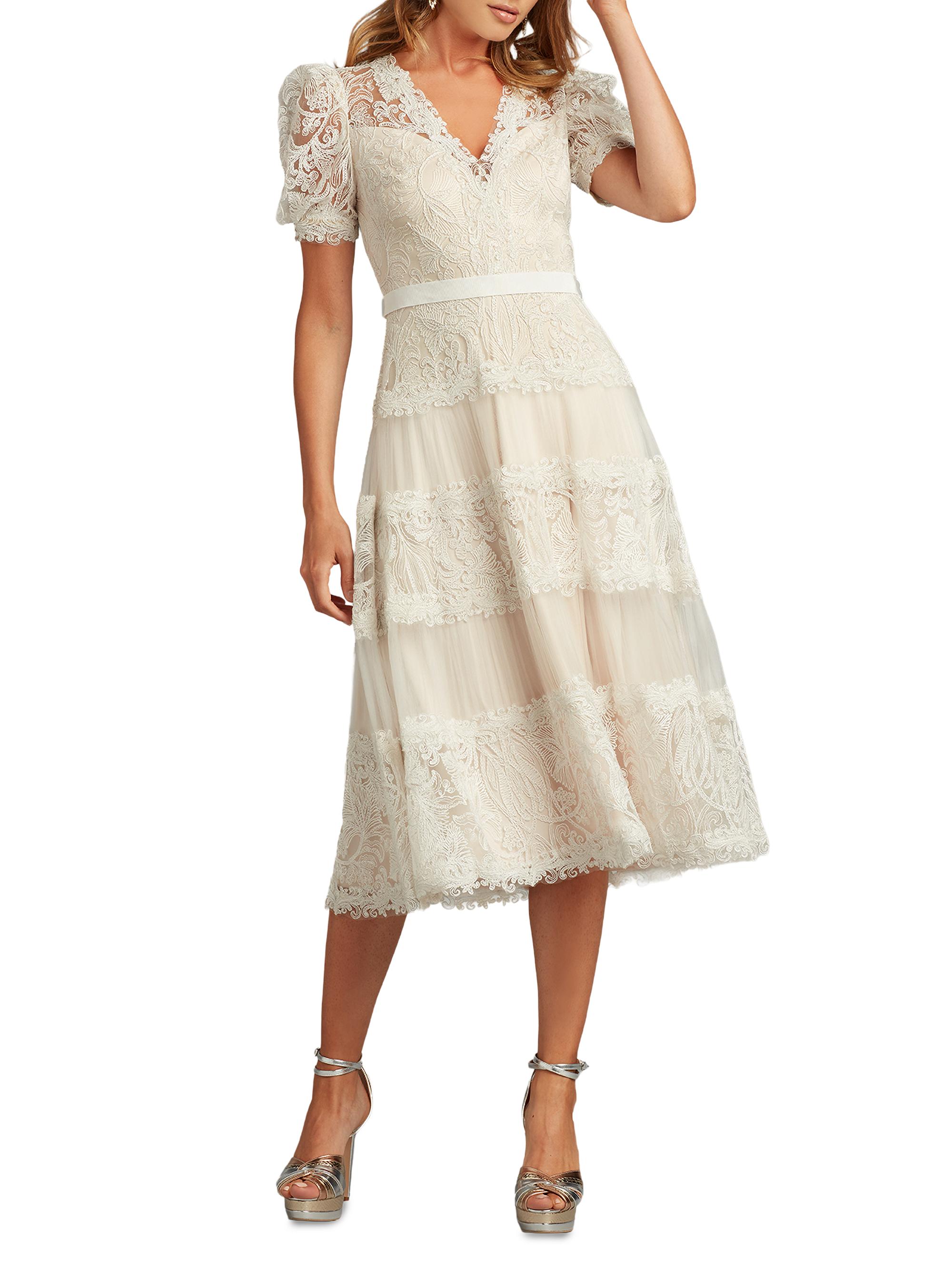 Tadashi Shoji Women's Corded Lace V-Neck Midi-Dress - White Petal