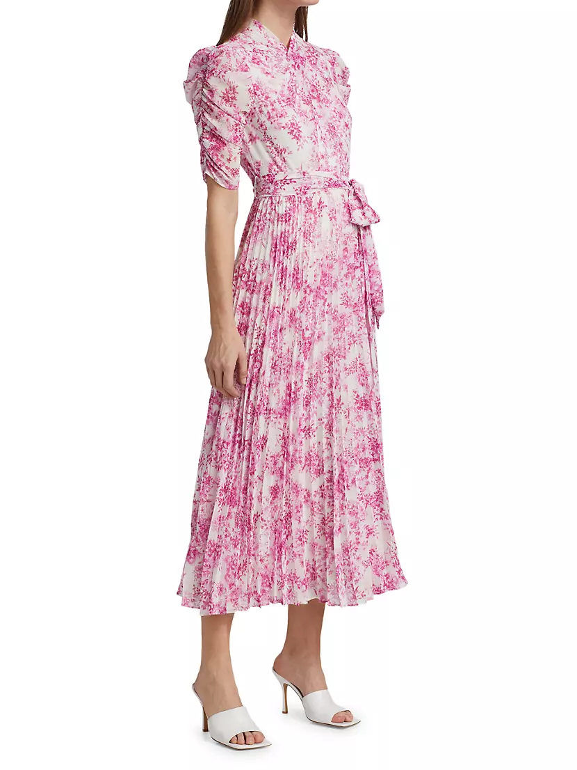 Shop ML Fifth Avenue Monique | Belted Saks Lhuillier Pleated Midi-Dress Floral