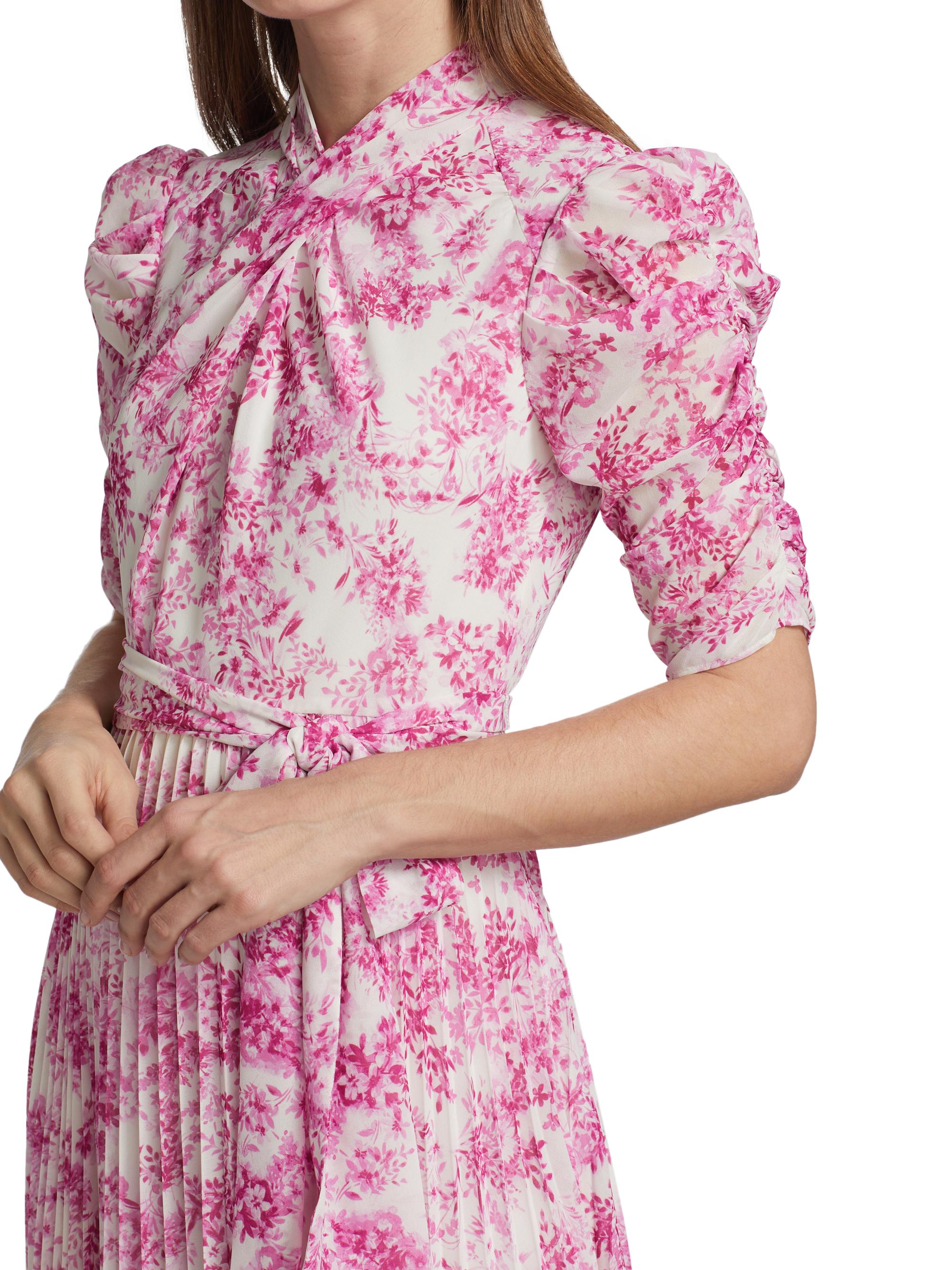 ml monique lhuillier pleated belted floral midi-dress ML Monique Lhuillier Pleated Belted Floral Midi-Dress