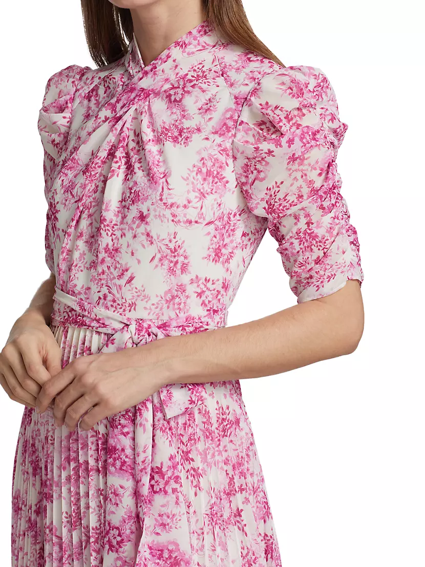 Belted Avenue Floral ML Saks Monique Fifth Midi-Dress Pleated | Lhuillier Shop