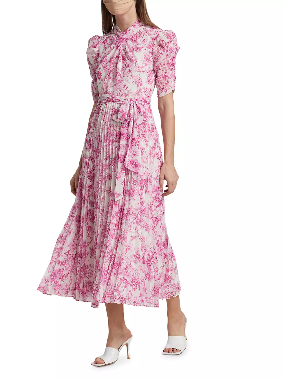 Shop ML Fifth Belted Floral Avenue Lhuillier | Pleated Midi-Dress Monique Saks