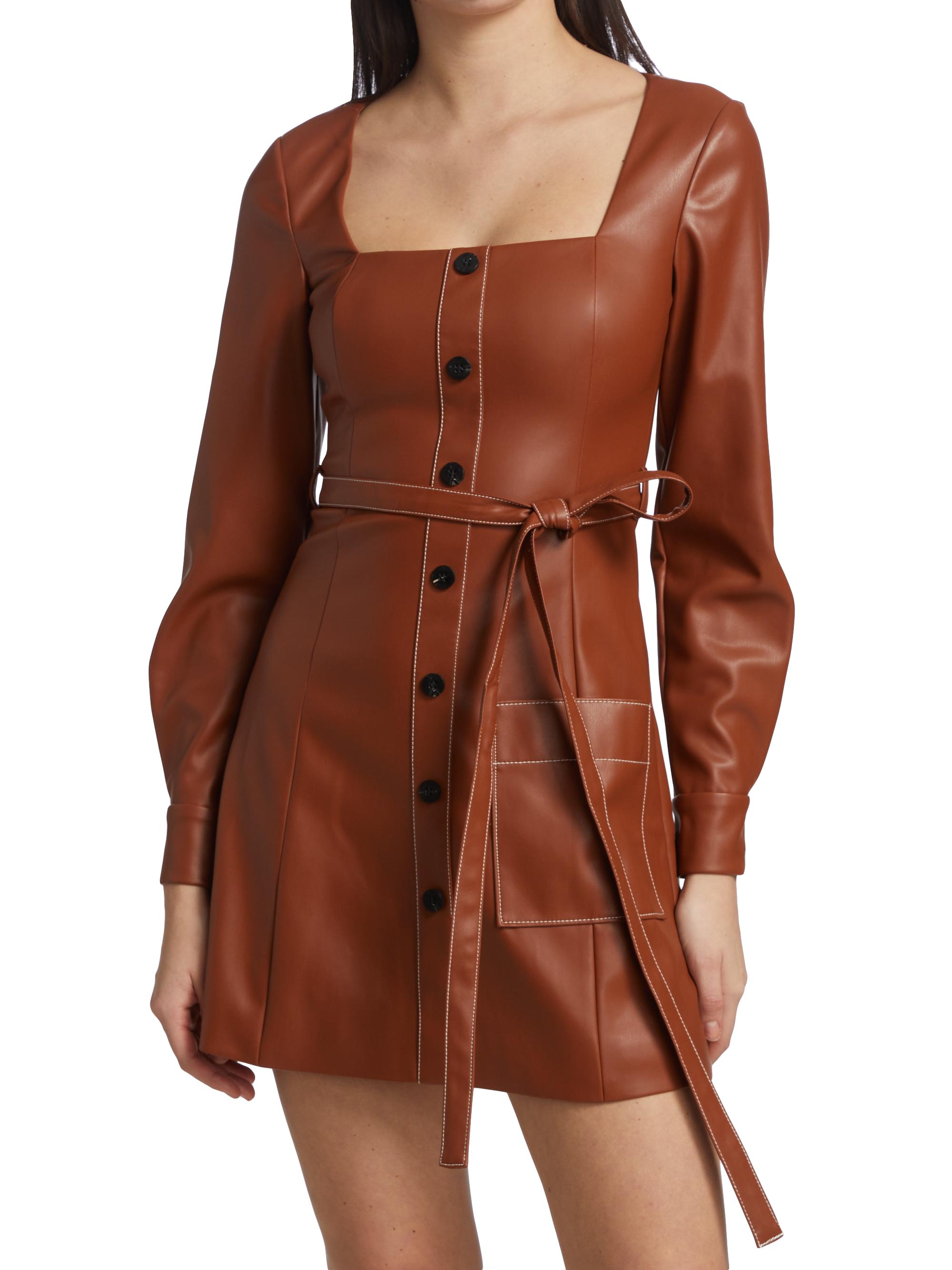 ruched faux leather dress Off White Denim Faux Leather Trim Belt Mini Dress main image 1