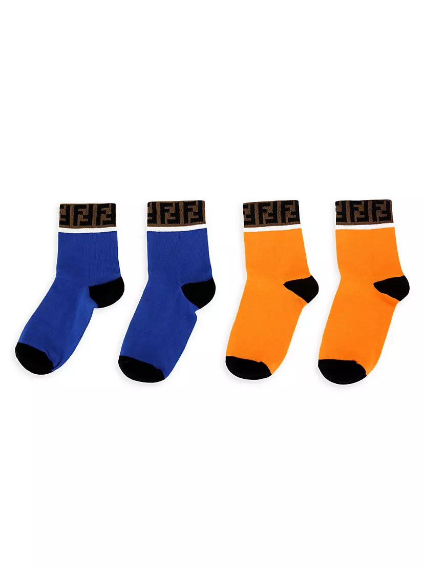 Fendi 2-Pack Logo Trim Socks - Orange Navy - Size 12