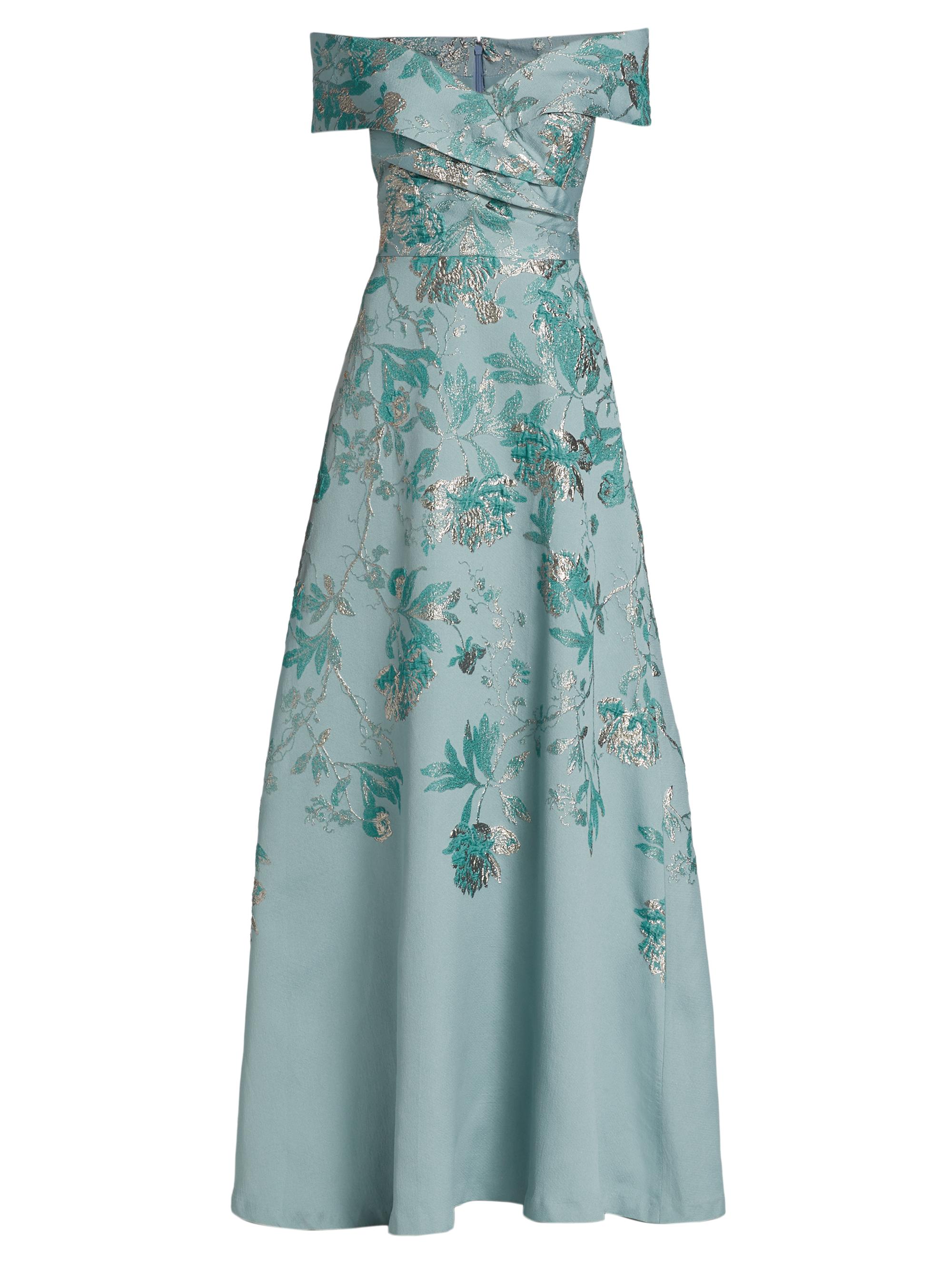 Teri Jon by Rickie Freeman Women's Metallic Jacquard Off-The-Shoulder Gown - Aqua Gold