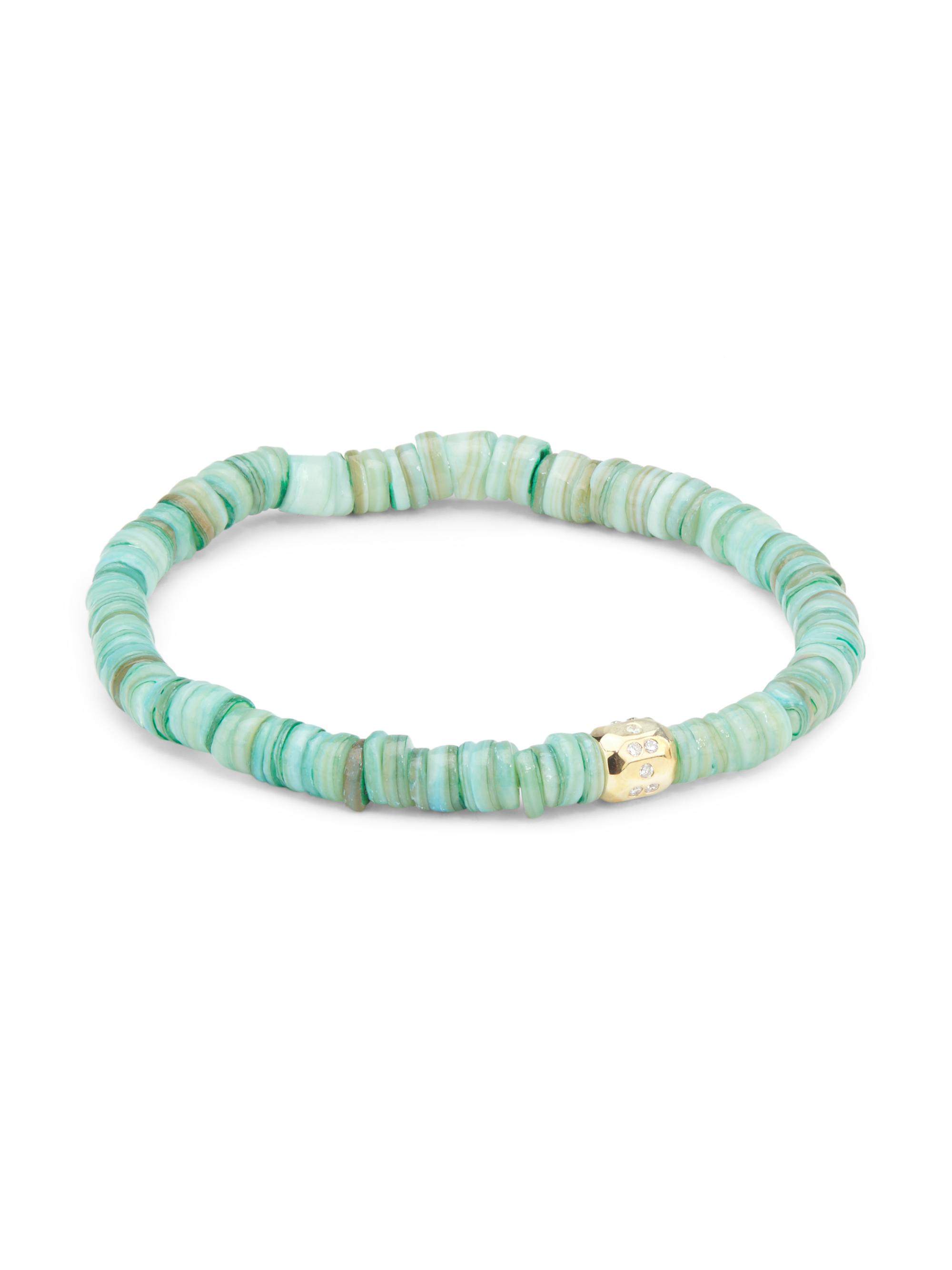 Luis Morais Men's 14K Yellow Gold, Pueblo Bead, & Sapphire Stretch Bracelet - Green