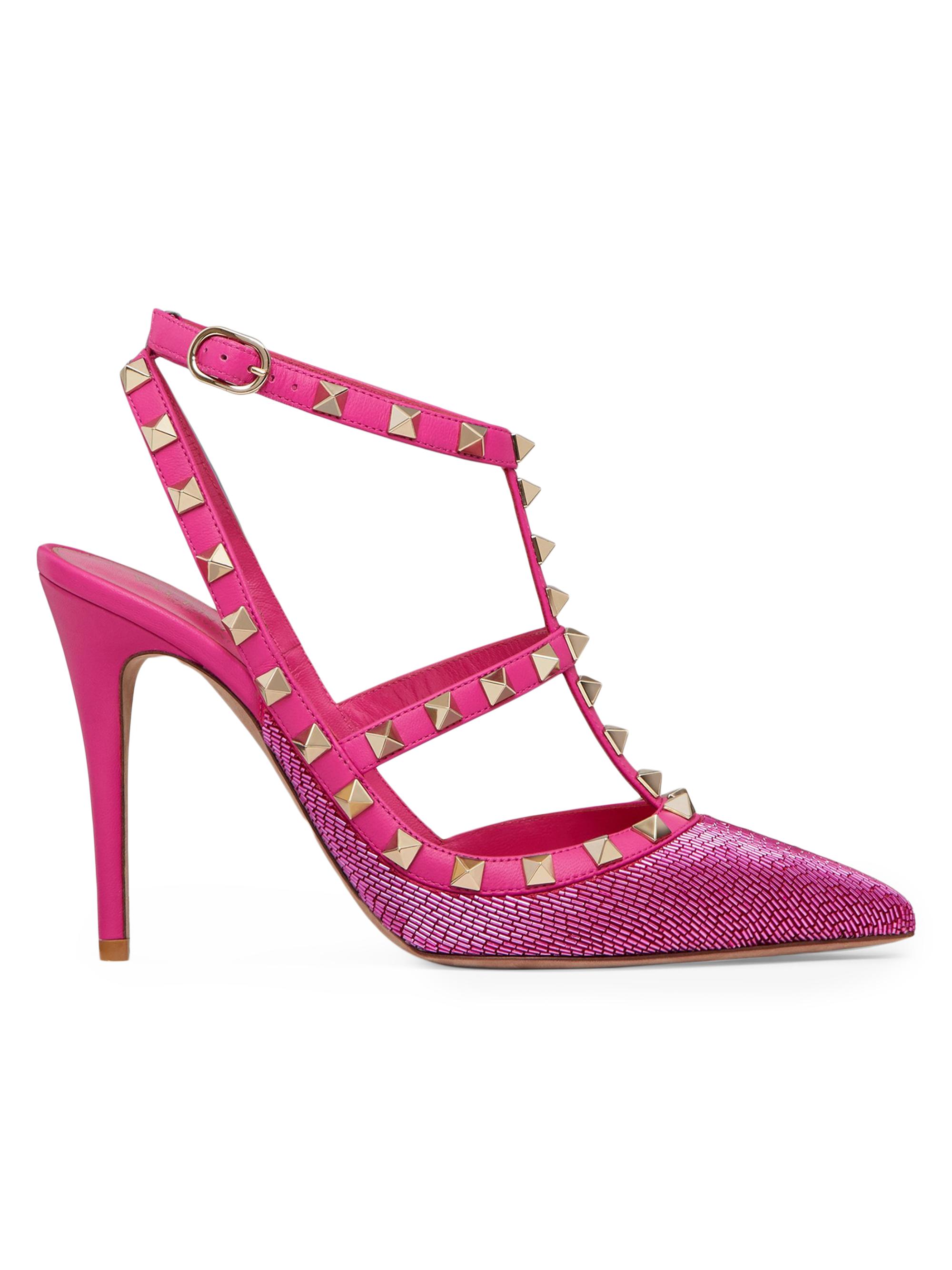 Valentino Garavani Women's Satin Rockstud Pumps with All-Over Tubes Embroidery and Straps 100 MM - Pink
