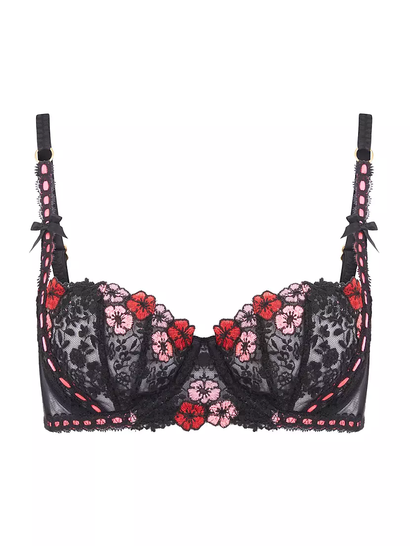 Ribbon Writing Unlined Lace Balconette Bra in Pink & Red