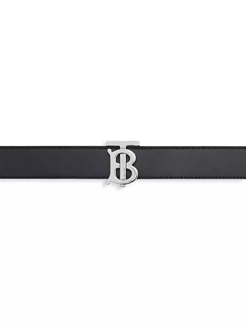 Burberry Tb Buckle Leather Belt In Black Silver
