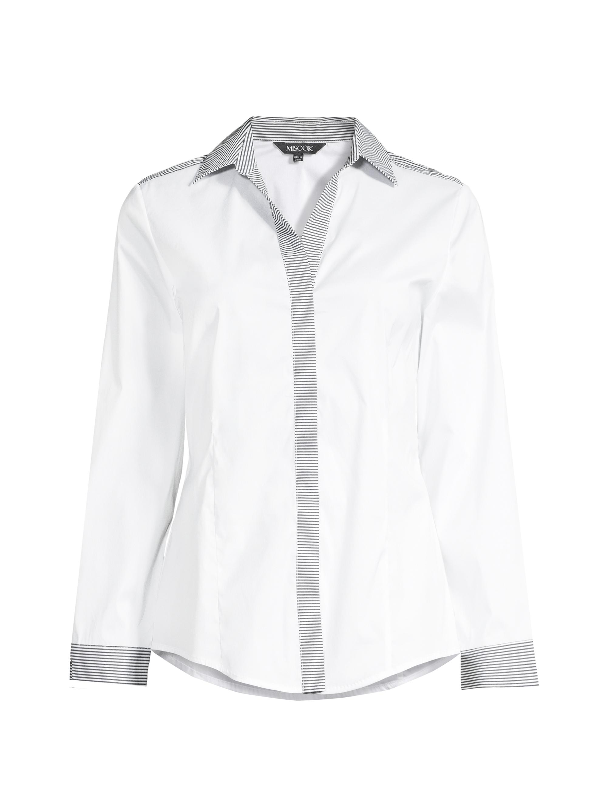 Misook Women's Striped-Trim Stretch Cotton Shirt - White Black