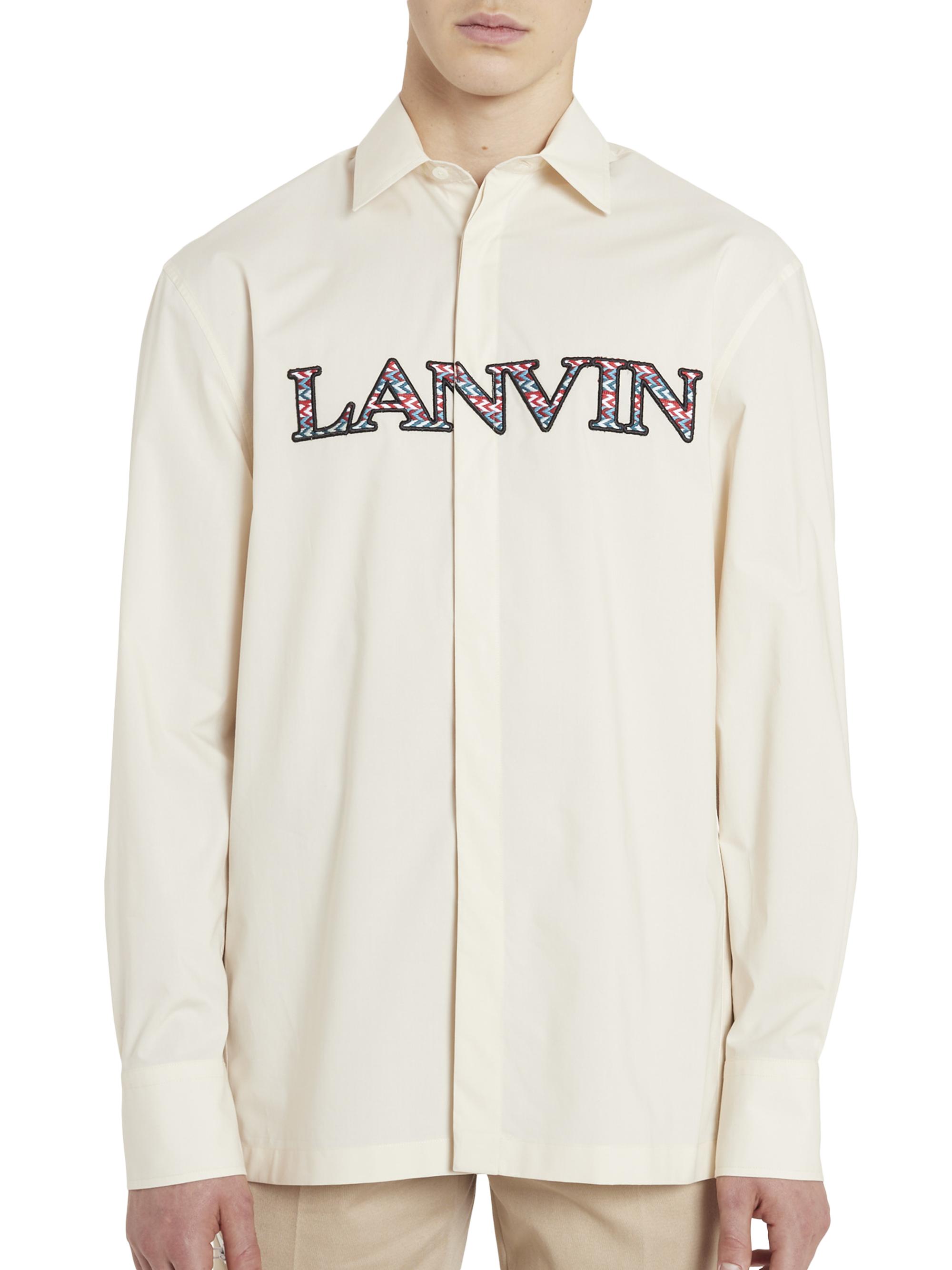 Lanvin Men's Logo-Embroidered Cotton Relaxed-Fit Shirt - Ecru