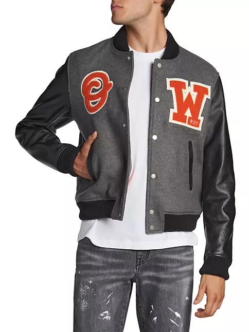 Shop Off-White Logo Patch Leather Sleeve Varsity Jacket | Saks