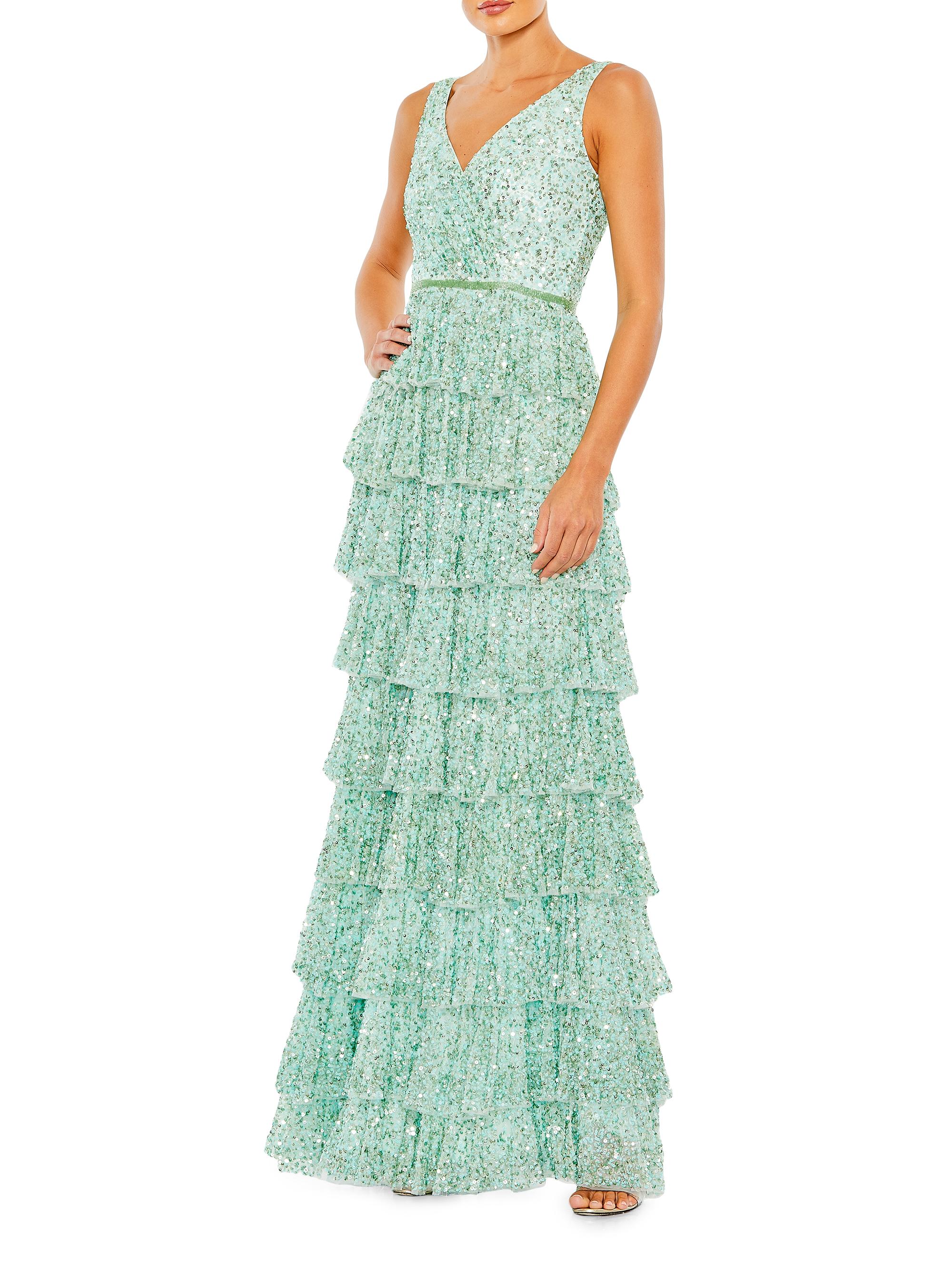 Mac Duggal Women's Ieena Tiered Ruffle Sequin Gown - Mint