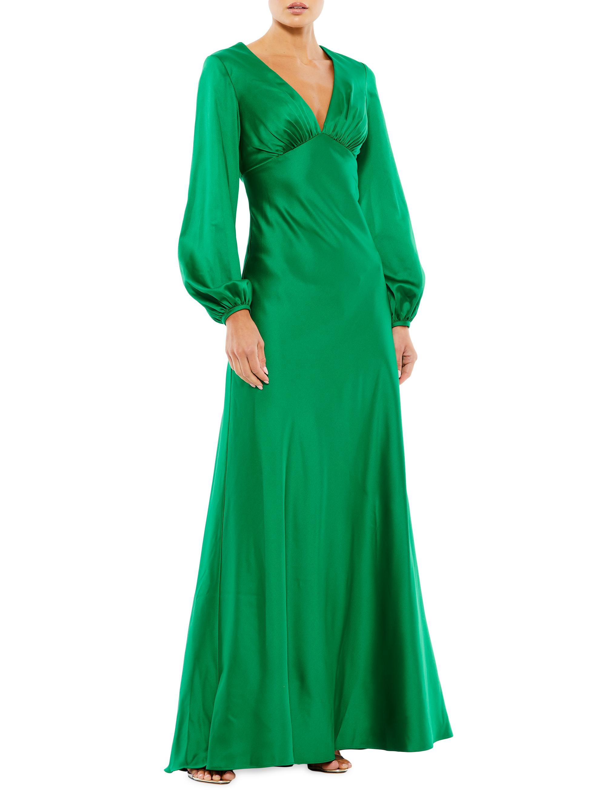 Mac Duggal Women's Puffed-Sleeve Satin Gown - Emerald