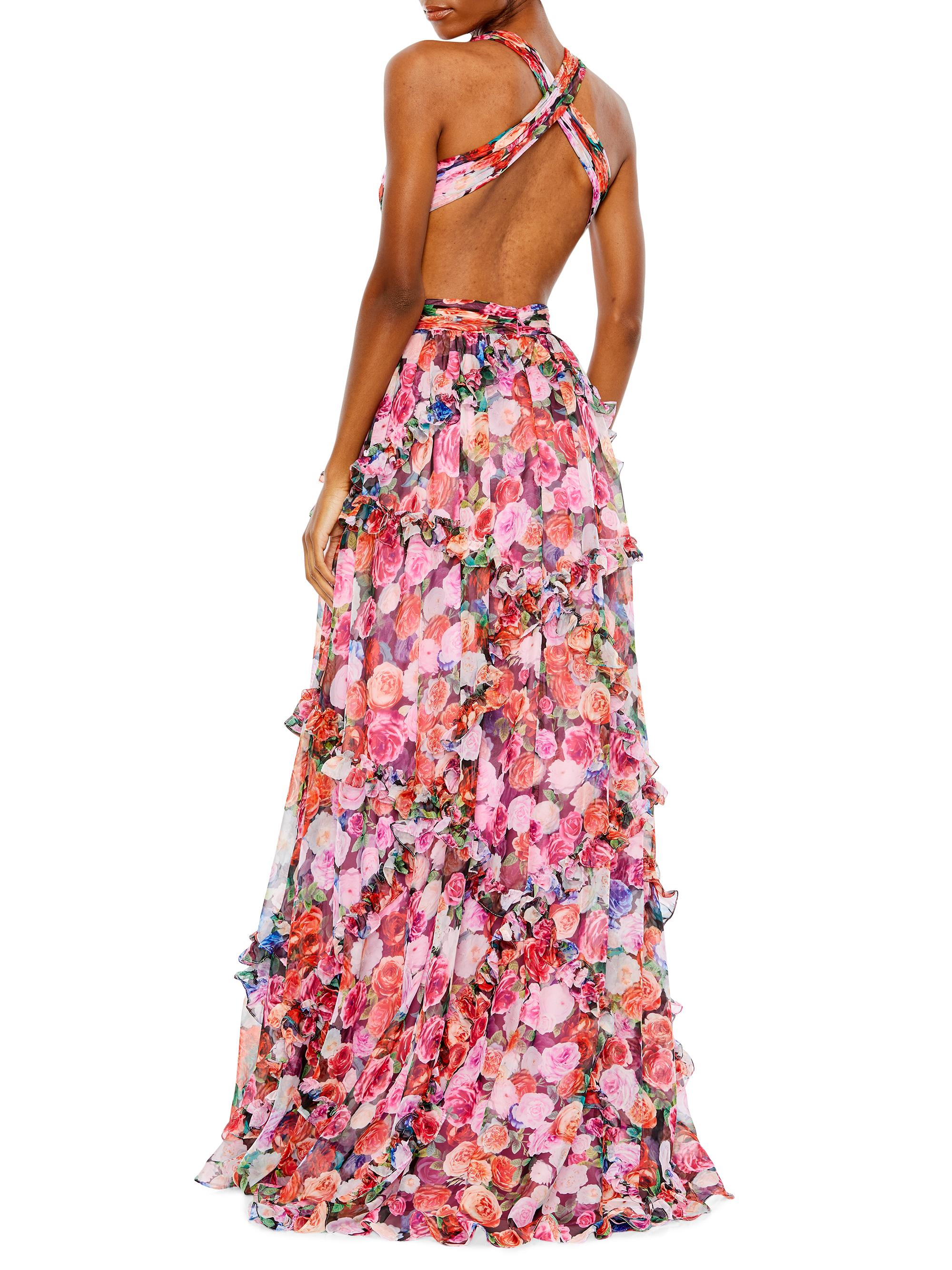 ieena for mac duggal one-shoulder cutout floral maxi dress Women's Ieena Printed One Shoulder Cut Out Hi-Lo Gown
