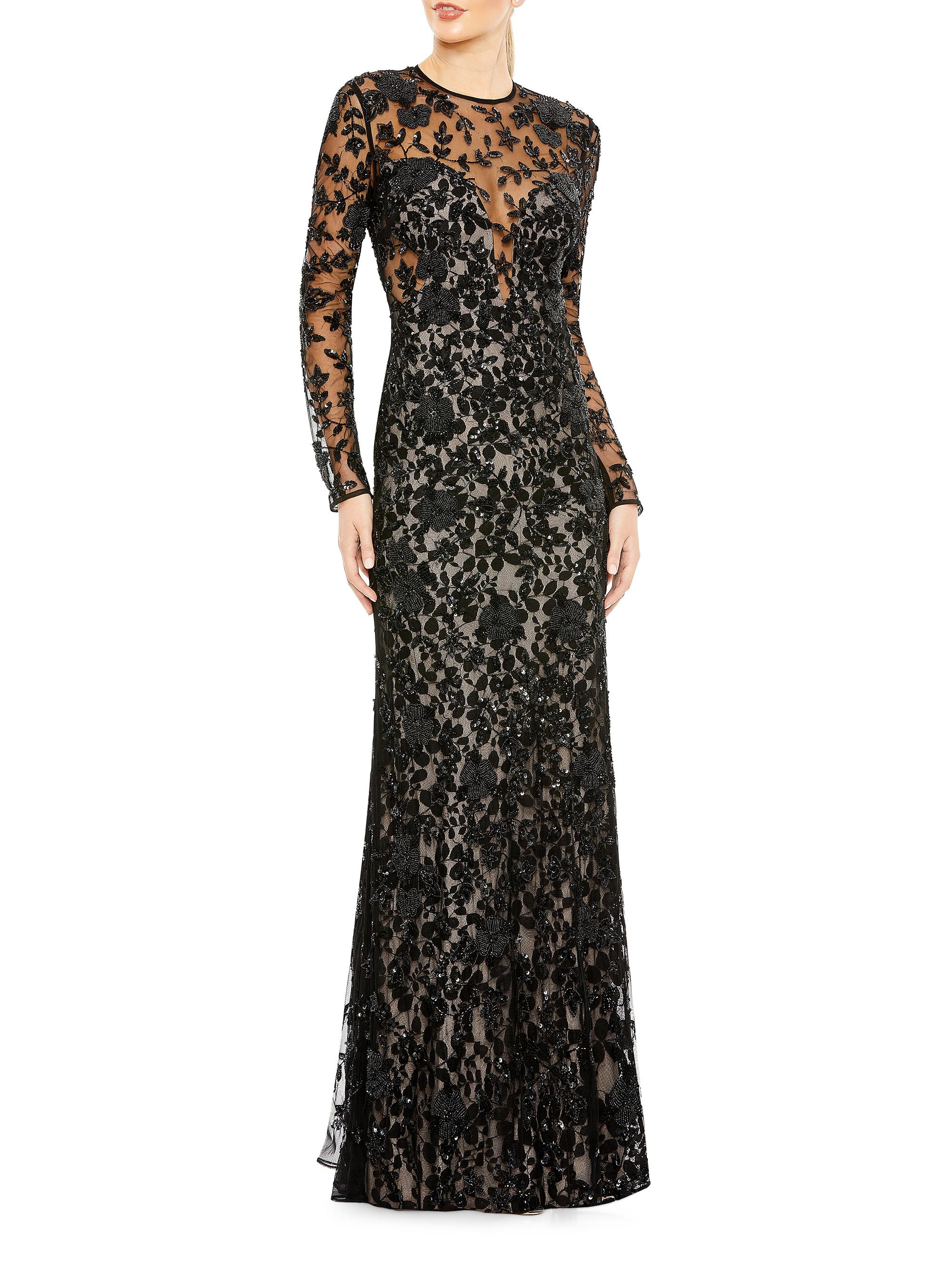 Mac Duggal Women's Beaded Long-Sleeve Column Gown - Black Beige