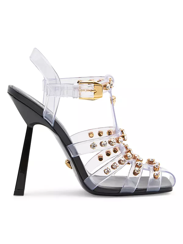Shop Versace Embellished Caged Jelly Slanted-Heel Sandals