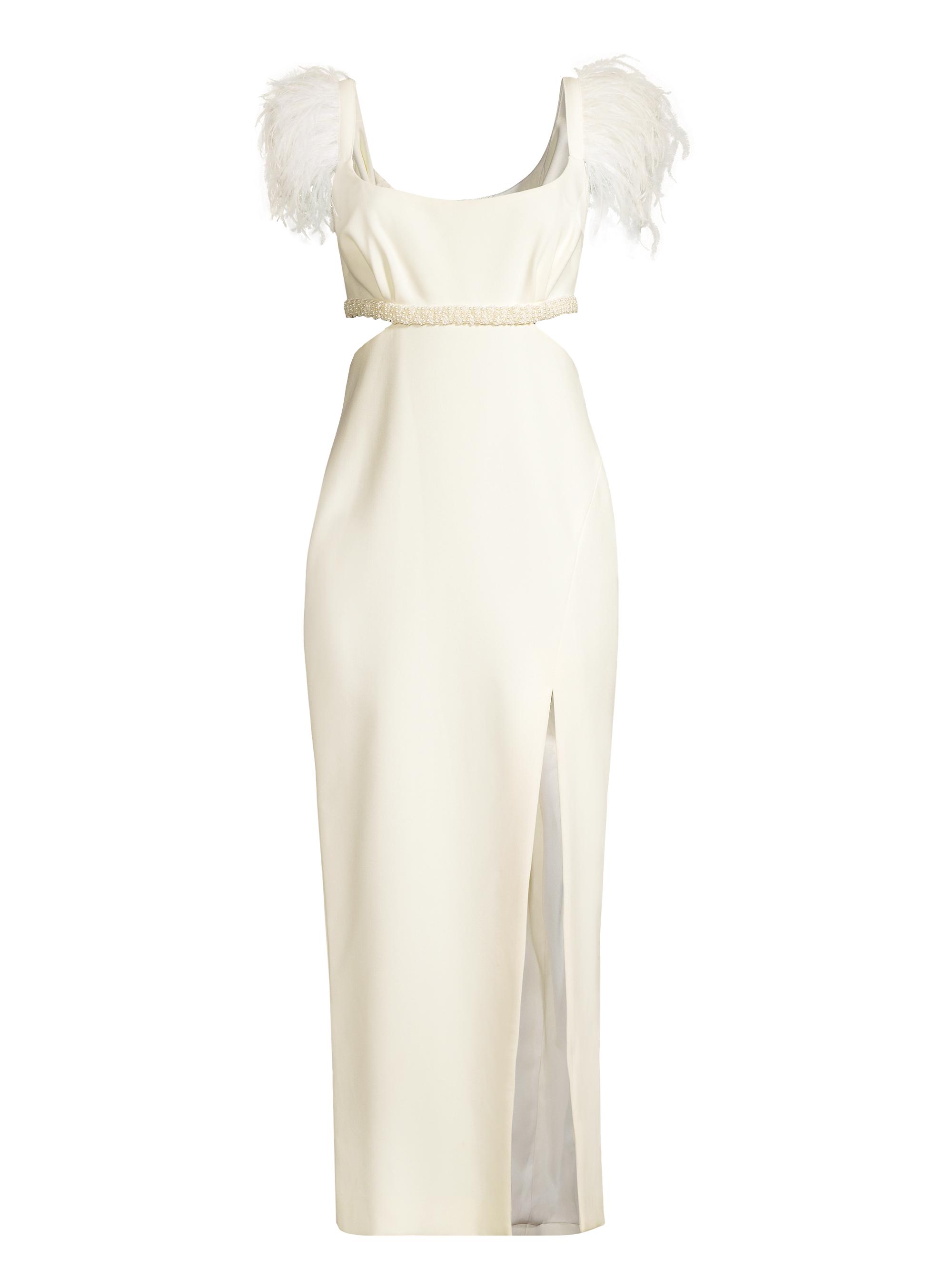 knee length dresses for ladies Millà Women's Cocktail Dress Decorated with Feathers, XO x - White main image 1