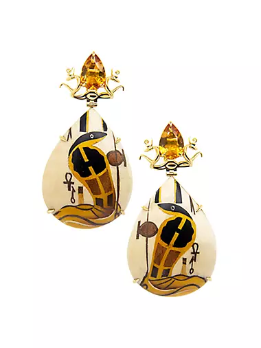 Egypt 18K Gold, Citrine & Diamond Marquetry Earrings