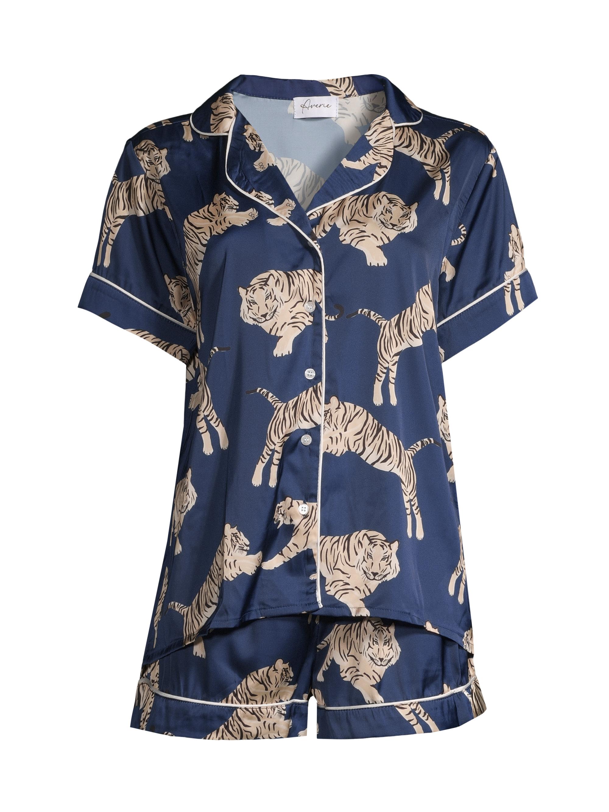 Averie Sleep Women's Tiger-Print Satin Pajama Set - Navy Blue