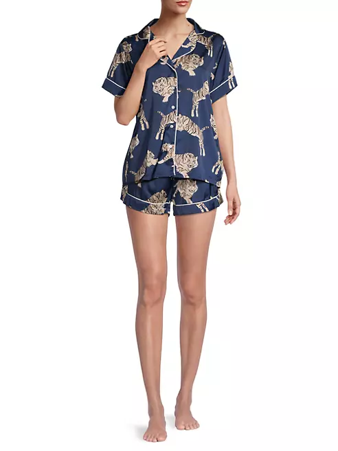 Averie - Short-Sleeve Shirt & Shorts Silk Pajama Set - Women's S / Tigers