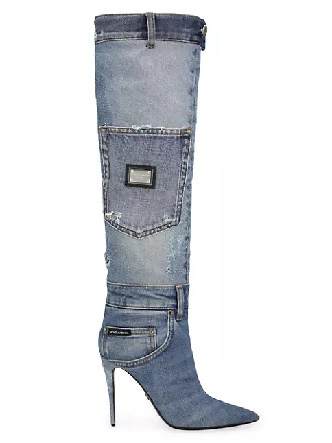 Dolce&Gabbana Women's Cardinale Denim Patchwork Boots - Blue - Size 5