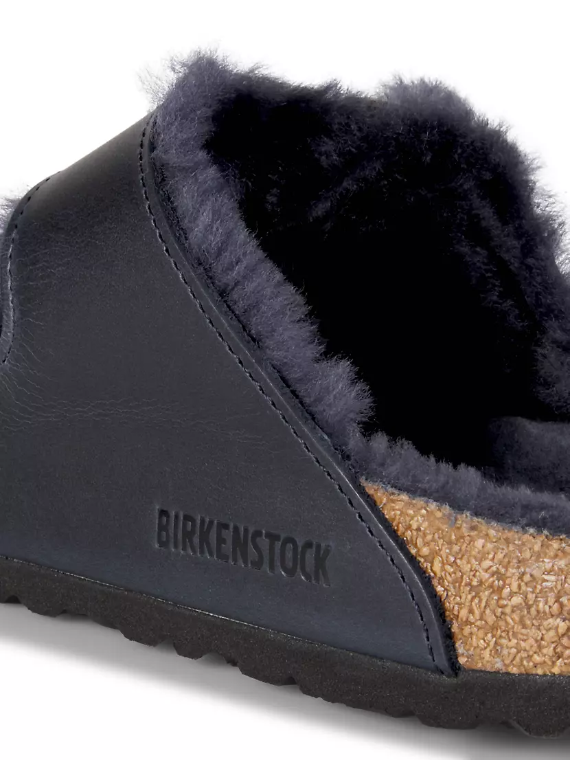 Birkenstock Shearling Arizona Big Buckle Oiled Leather Midnight Two-Strap Sandals