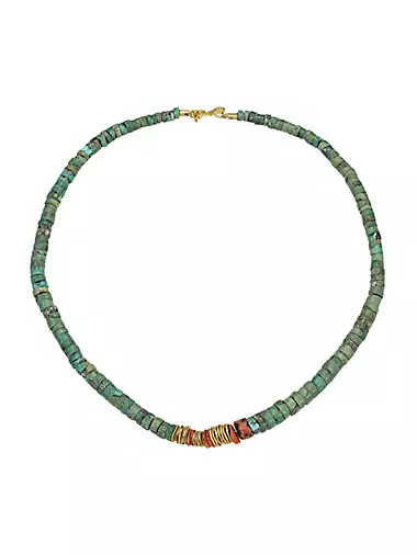 22K Yellow Gold, Turquoise, & Coral Beaded Necklace
