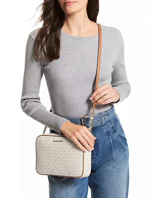 Michael Kors Brown/White Signature Coated Canvas and Leather Jet Crossbody  Bag Michael Kors