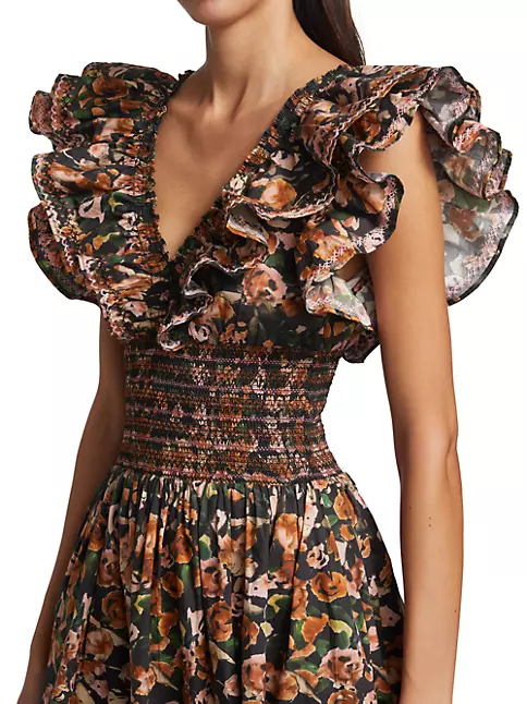 Shop Something Navy Natalie Smocked Floral Midi-Dress | Saks Fifth