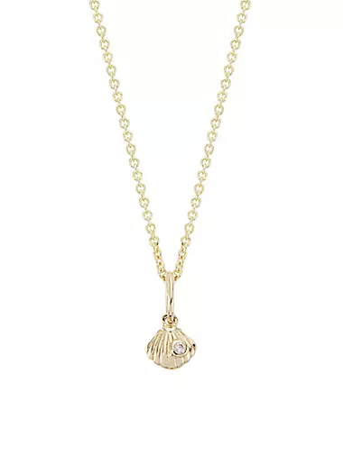 14K Yellow Gold & Diamond Tiny Clamshell Pendant Necklace