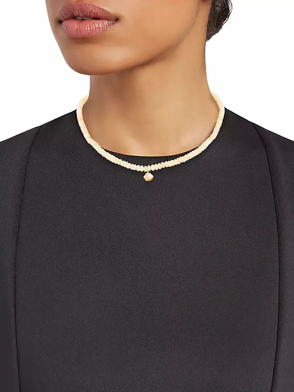 14K Yellow Gold, Opal, & Diamond Clamshell Pendant Necklace