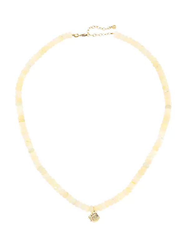 14K Yellow Gold, Opal, & Diamond Clamshell Pendant Necklace