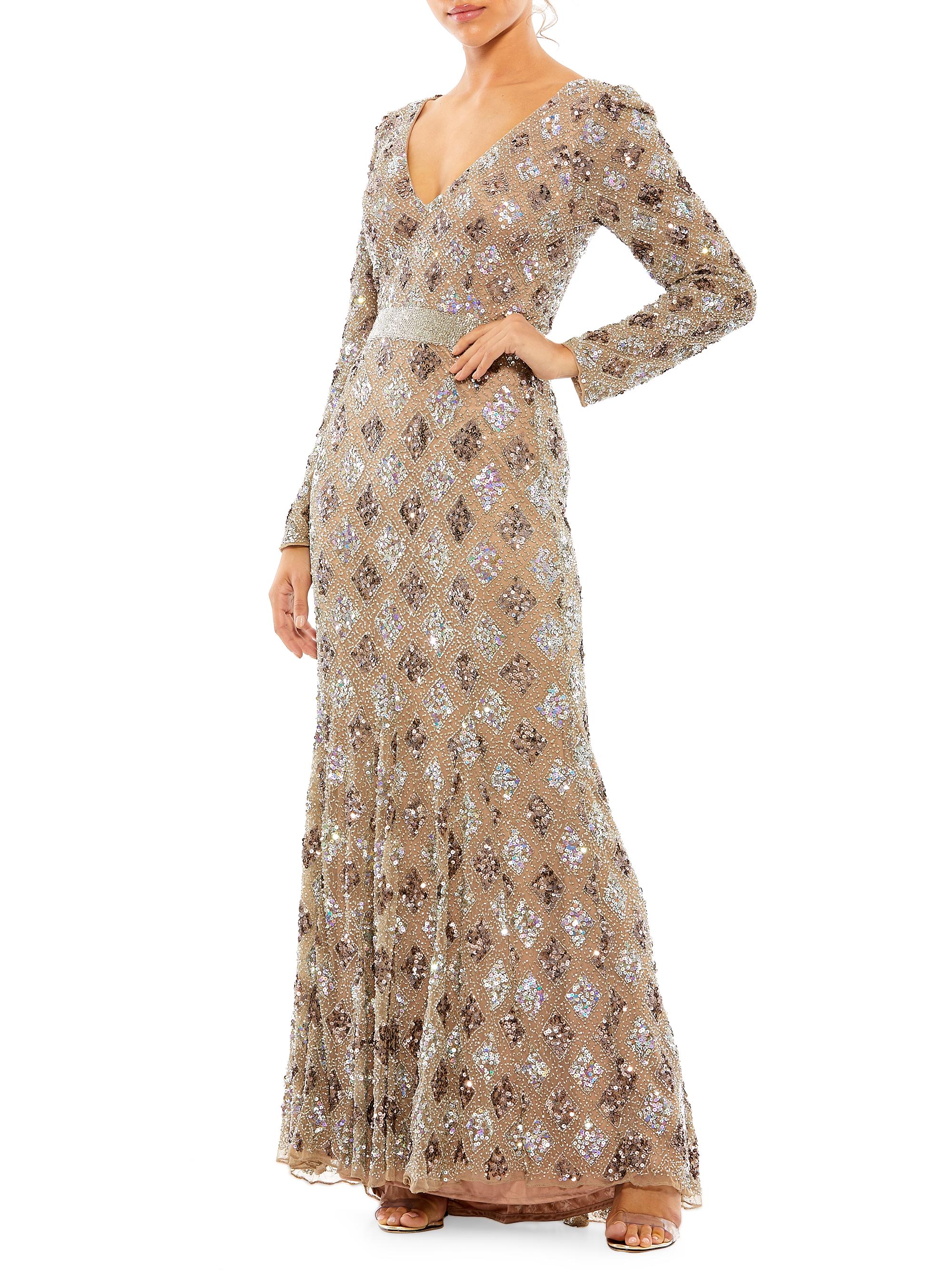 Mac Duggal Women's Long-Sleeve Beaded A-Line Gown - Mocha