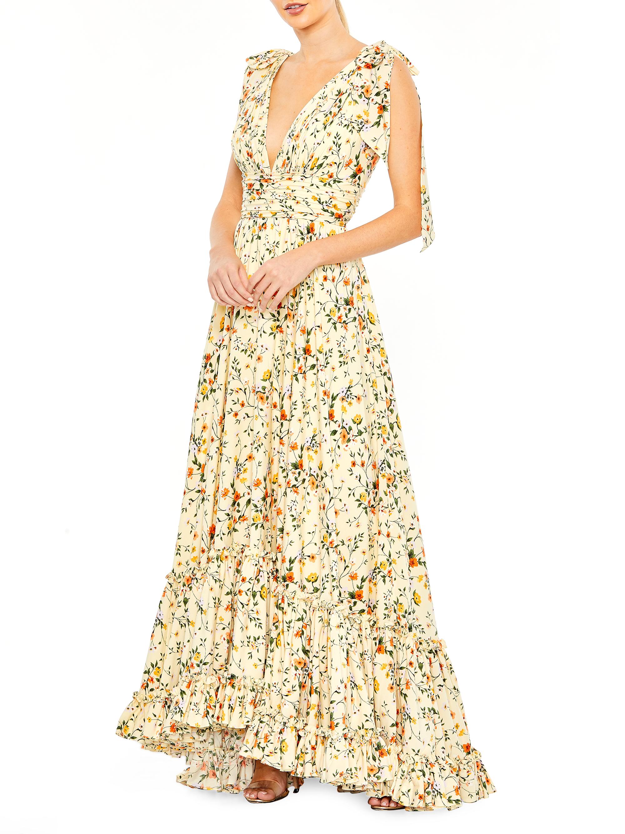 Mac Duggal Women's Tiered Sleeveless Floral Print Gown - Yellow Multi