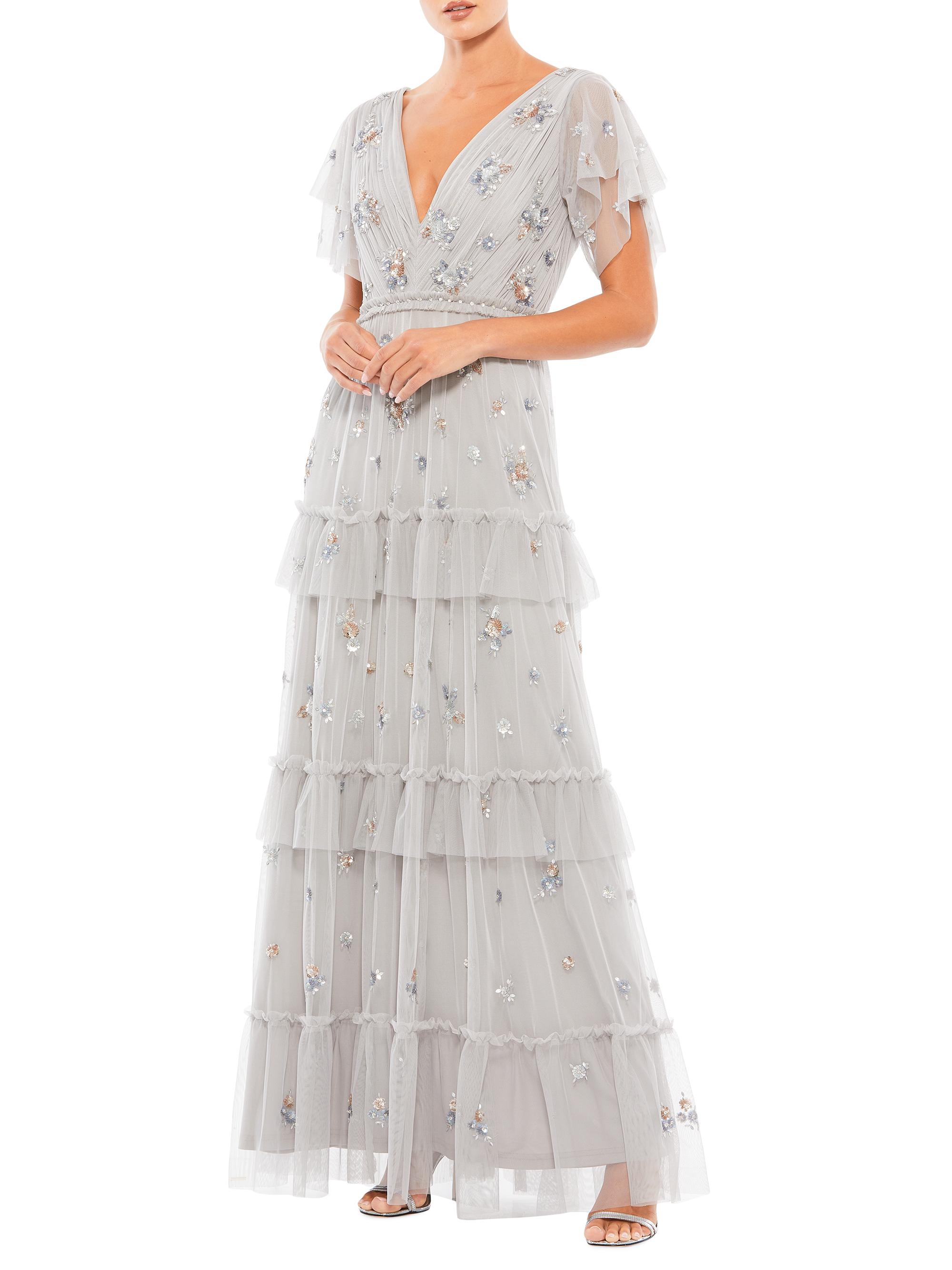 Mac Duggal Women's Beaded Tiered Tulle Gown - Platinum