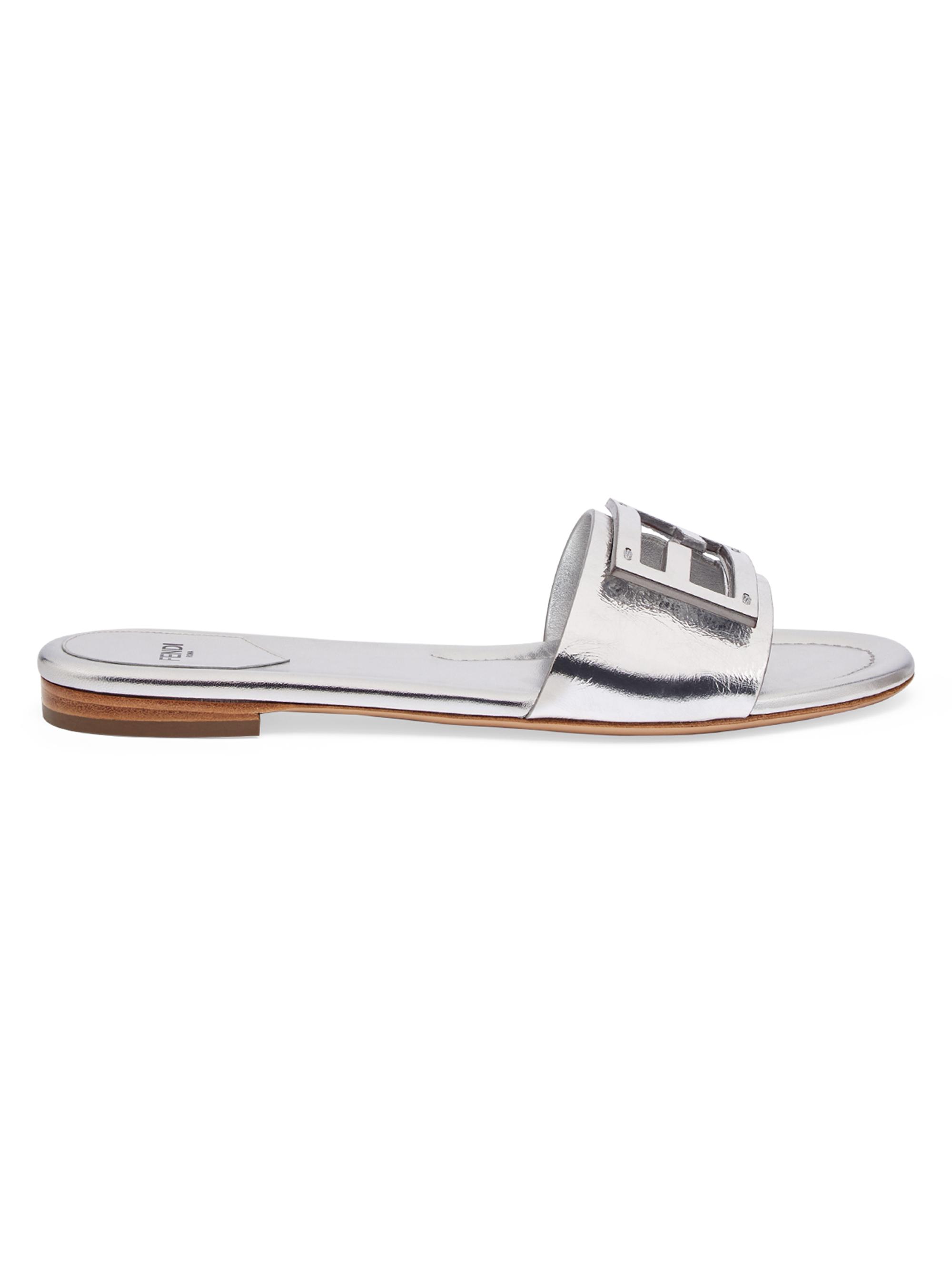 Fendi Women's Metallic Leather Logo Slides - Argento  Sandals