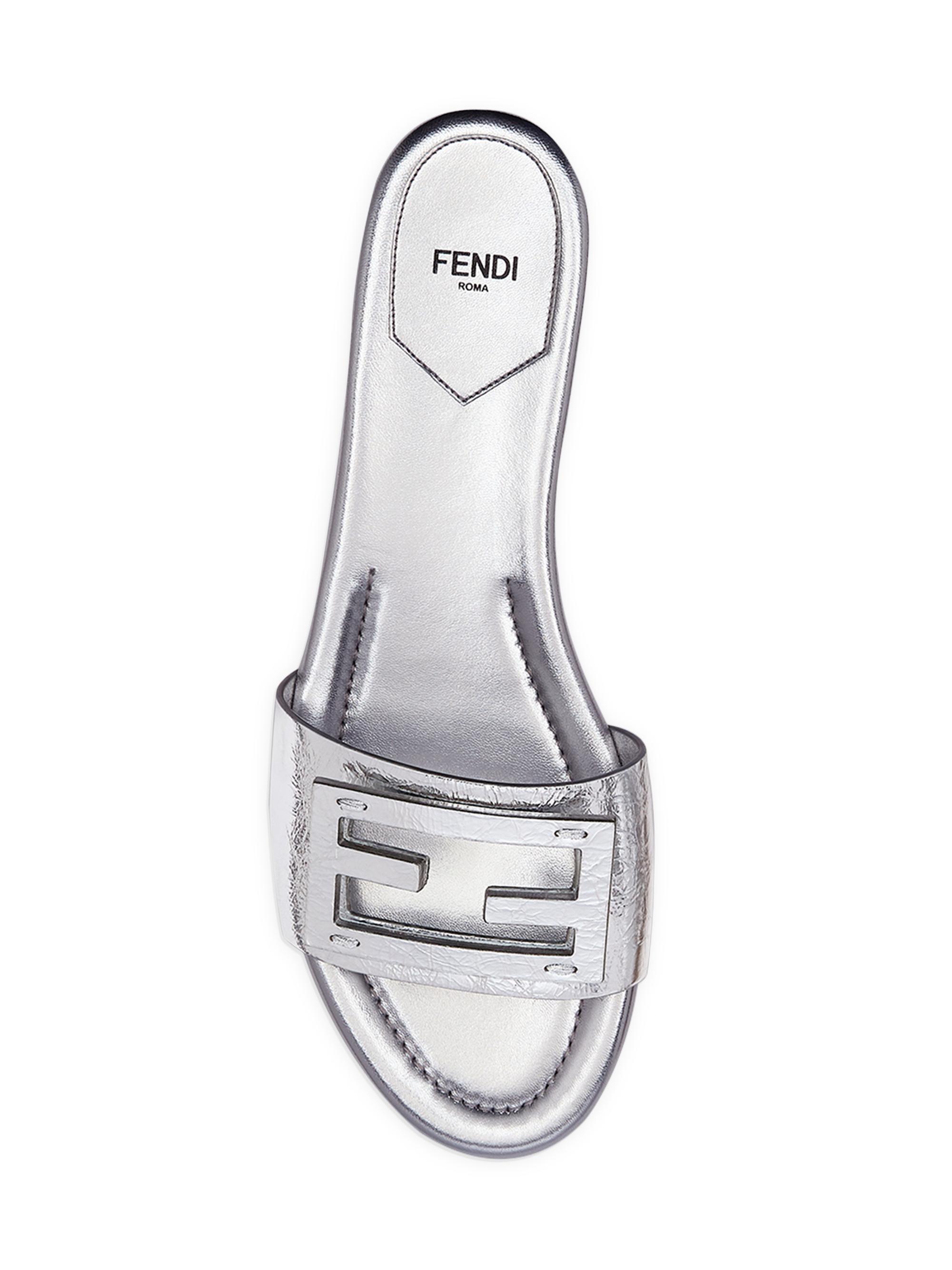 Fendi Metallic Leather Logo Slides | Saks Fifth Avenue