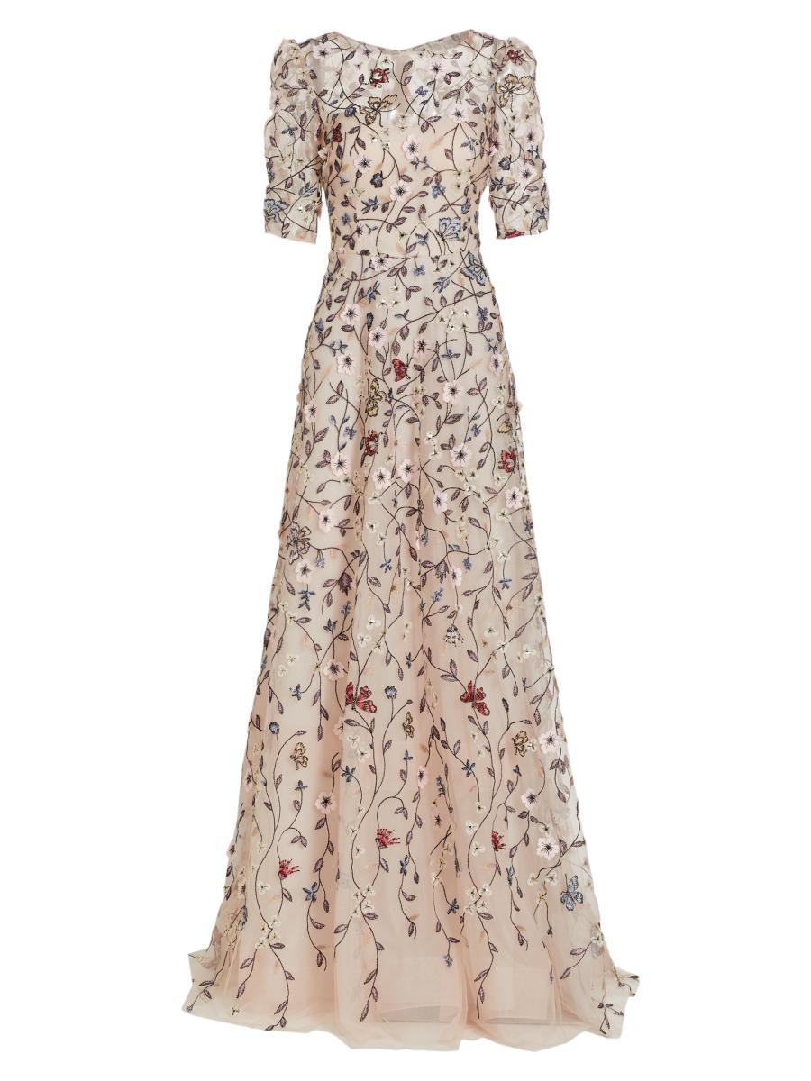 light pink fitted maternity dress Embroidered Tulle Elbow Sleeve A Line Gown – Terijon.com main image 0