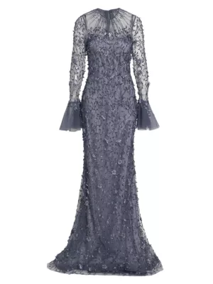 Teri Jon by Rickie Freeman Women's Metallic Flared-Sleeve Gown - Slate Blue